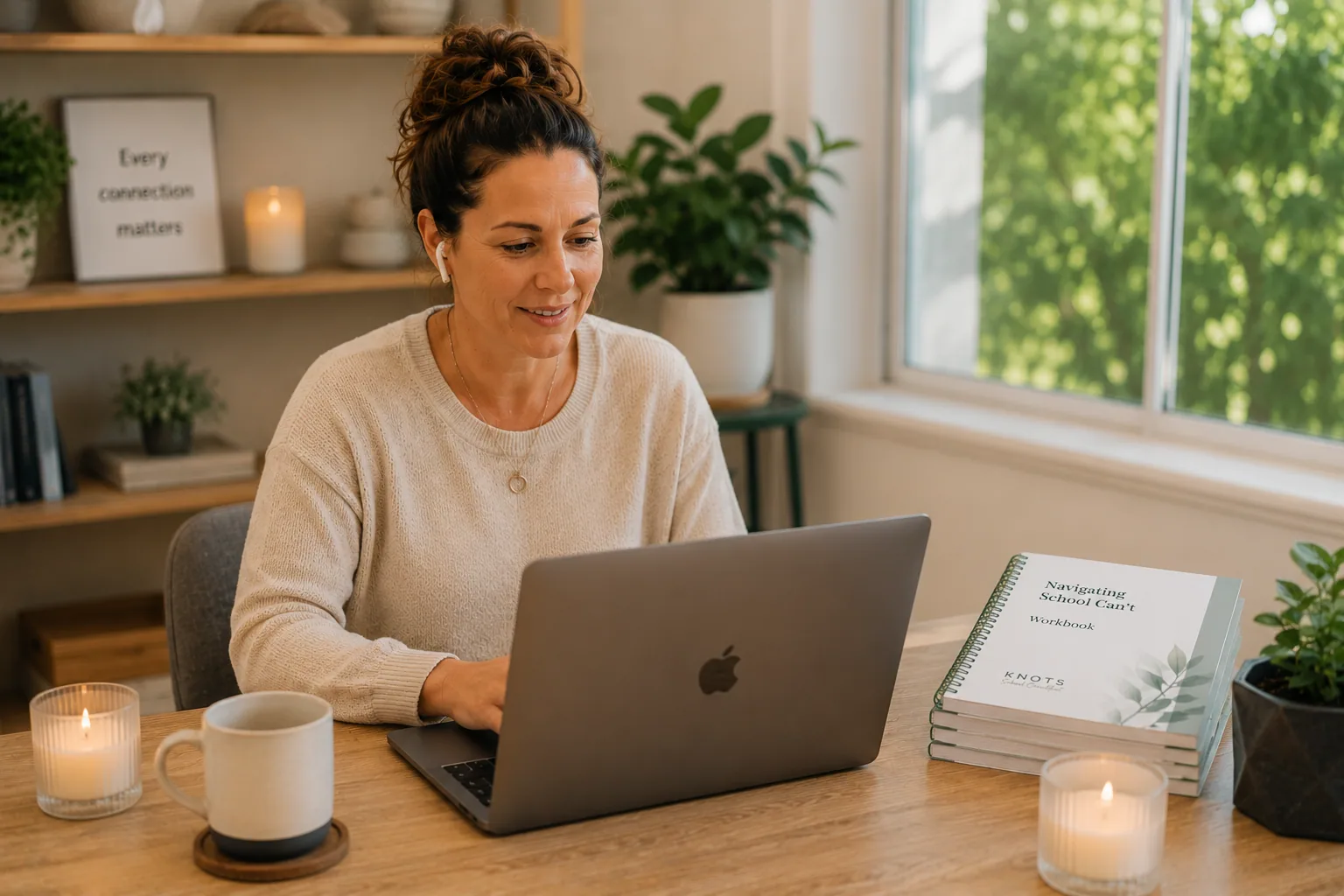 A counsellor on a video call holding a workbook, soft daylight in the room
