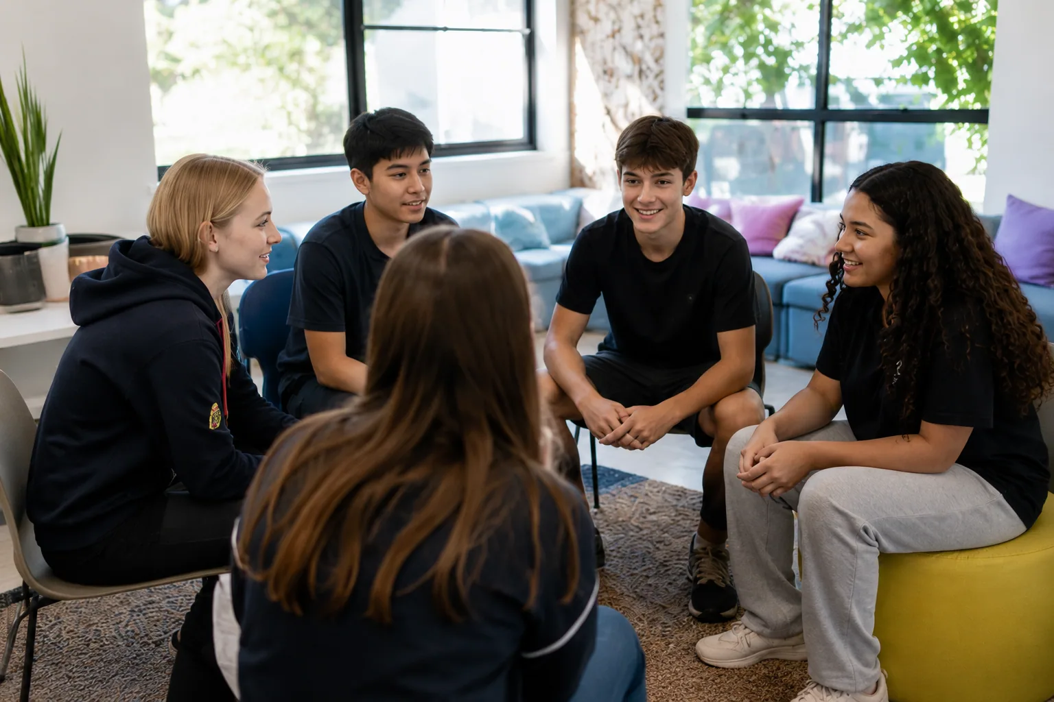 Students talking together in a calm school wellbeing space