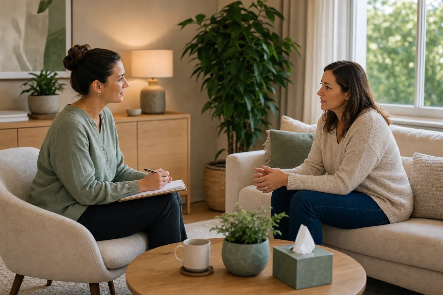 A parent speaking with a counsellor in a warm, calm counselling room