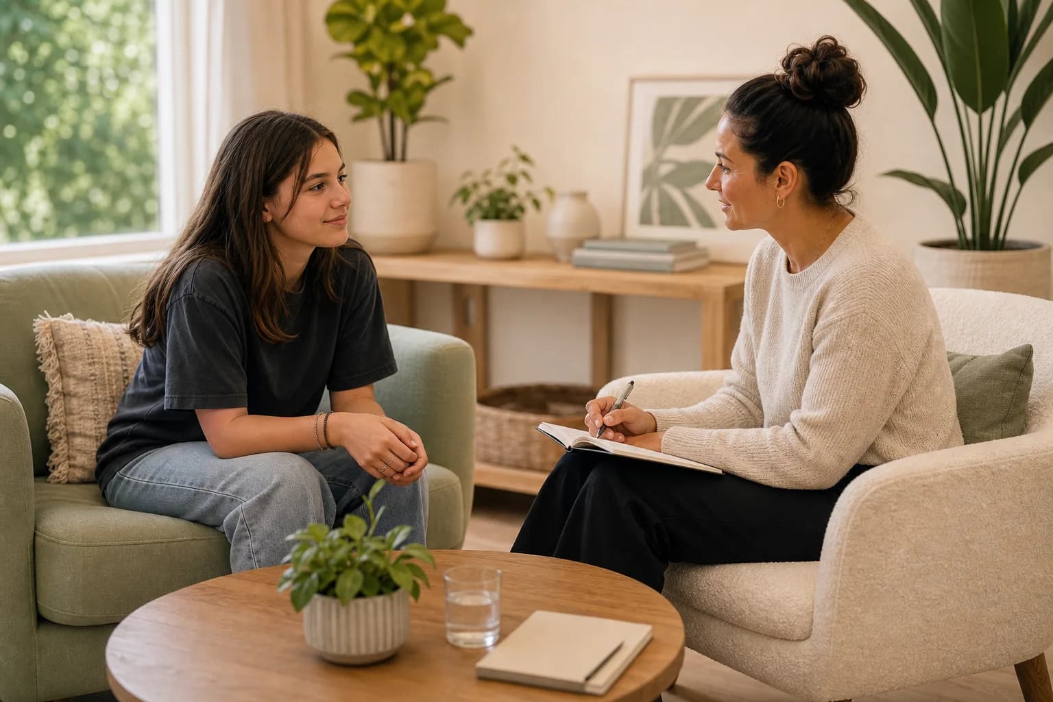 A teenager talking with a counsellor in a calm youth support room